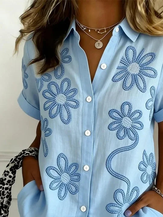 Women's Short Sleeve Shirt Summer Blue Floral Printing Shirt Collar Daily Going Out Casual Top
