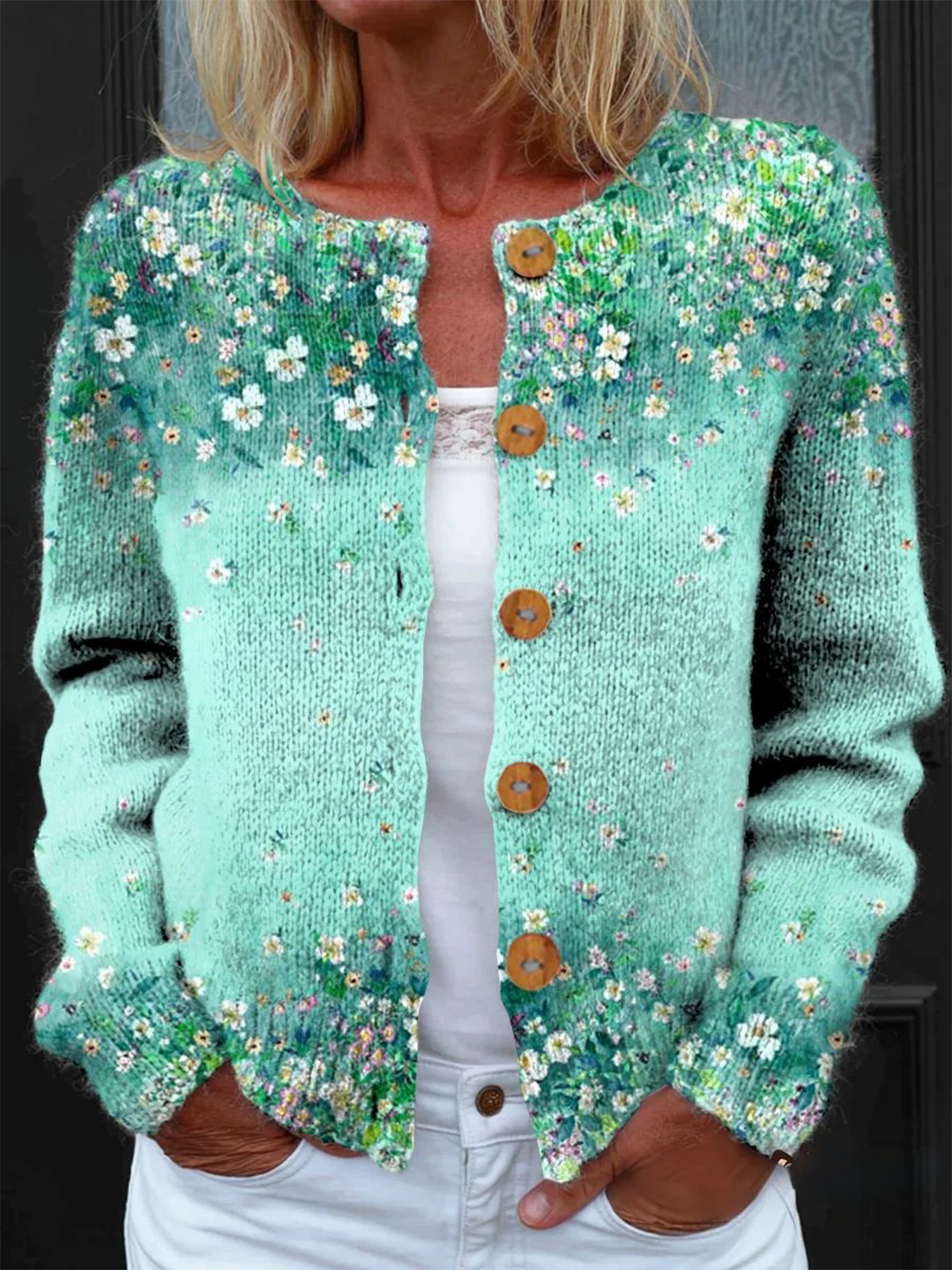Women's Floral Pattern Art Print Button Cardigan Sweater