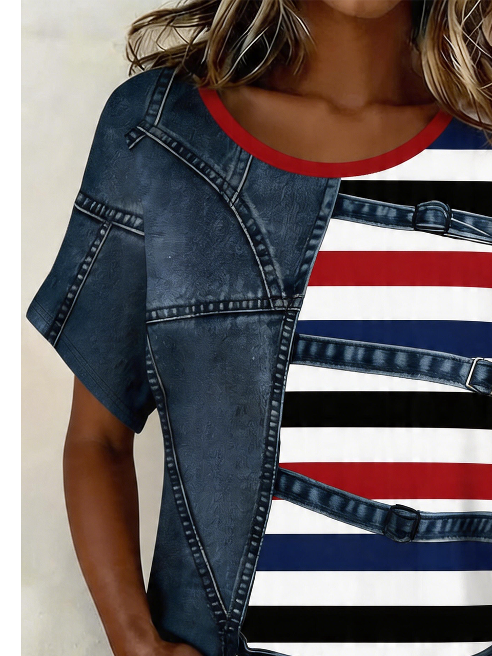 Cotton-Blend Faux Denim Print Graphic Vintage T-Shirt