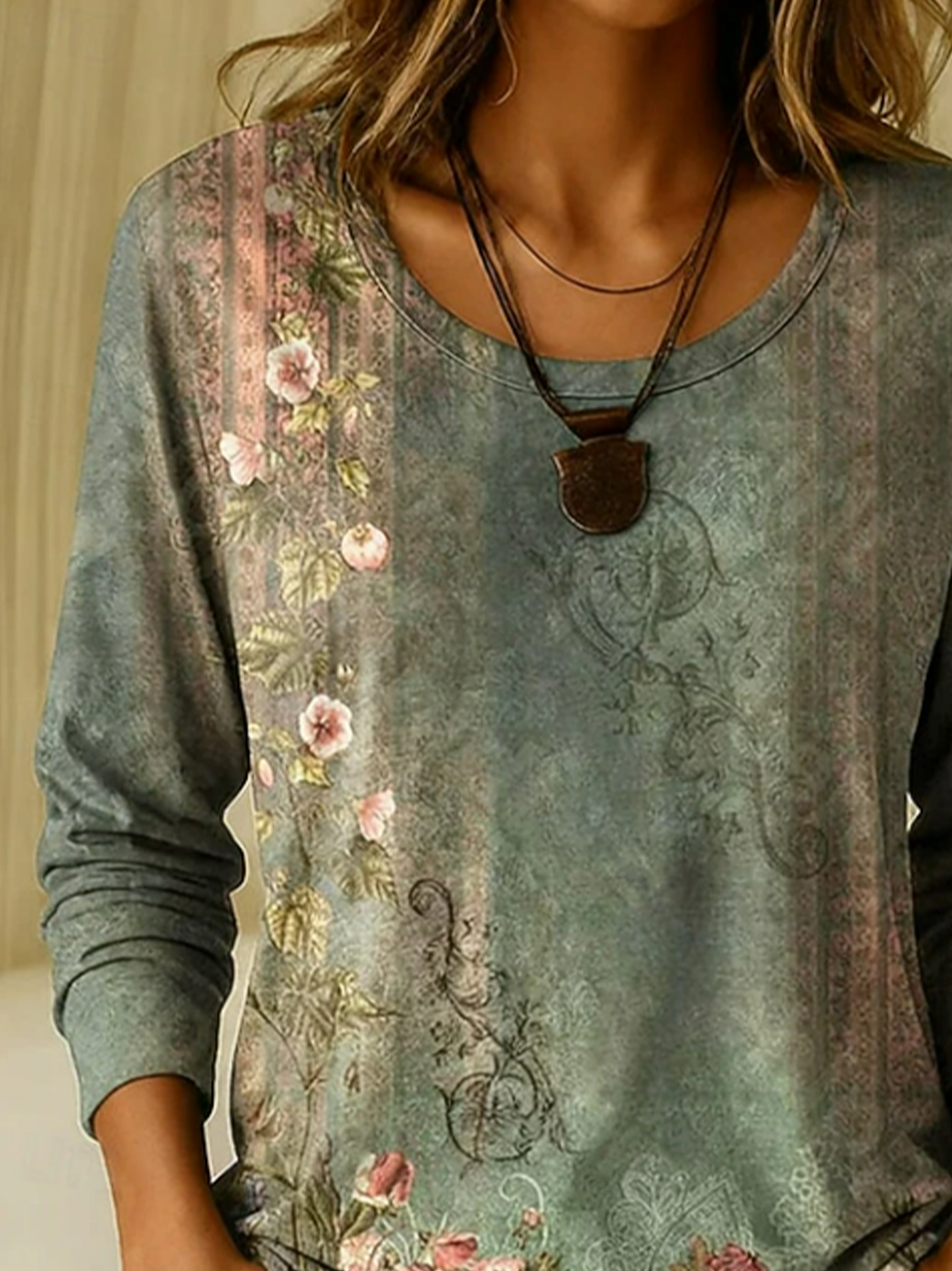 Women's Long Sleeve T-shirt Spring/Fall Green Floral Printing Jersey Crew Neck Daily Going Out Casual Top