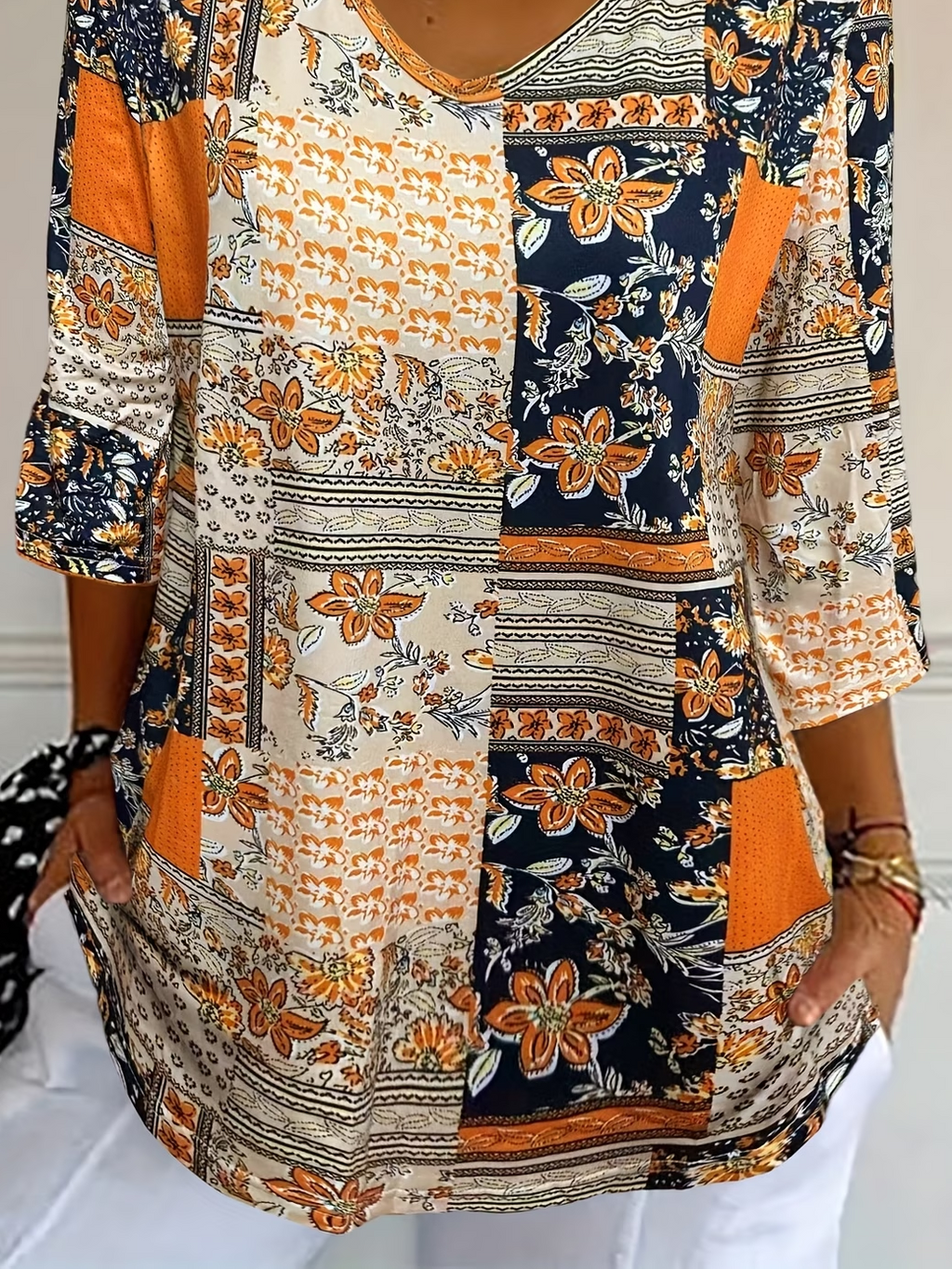 Women's Three Quarter Sleeve T-shirt Spring/Fall As Picture Floral Printing V Neck Daily Going Out Casual Top
