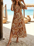 Women's Short Sleeve Summer As Picture Paisley Cashew Flowers V Neck Short Sleeve Daily Going Out Vacation Casual Boho Maxi A-Line T-Shirt Dress