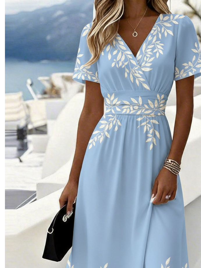 Elegant Regular Fit V Neck Leaf Dress With No