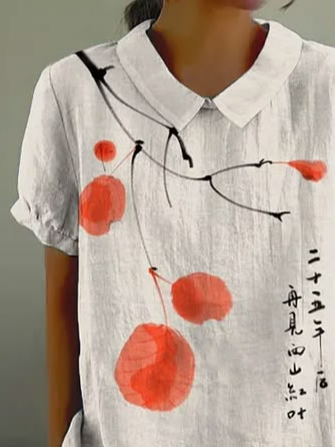 Elegant Linen Blend Floral Shawl Collar Shirt