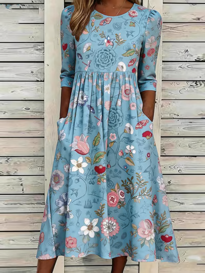 Loose Casual Botanical Pattern Dress With No