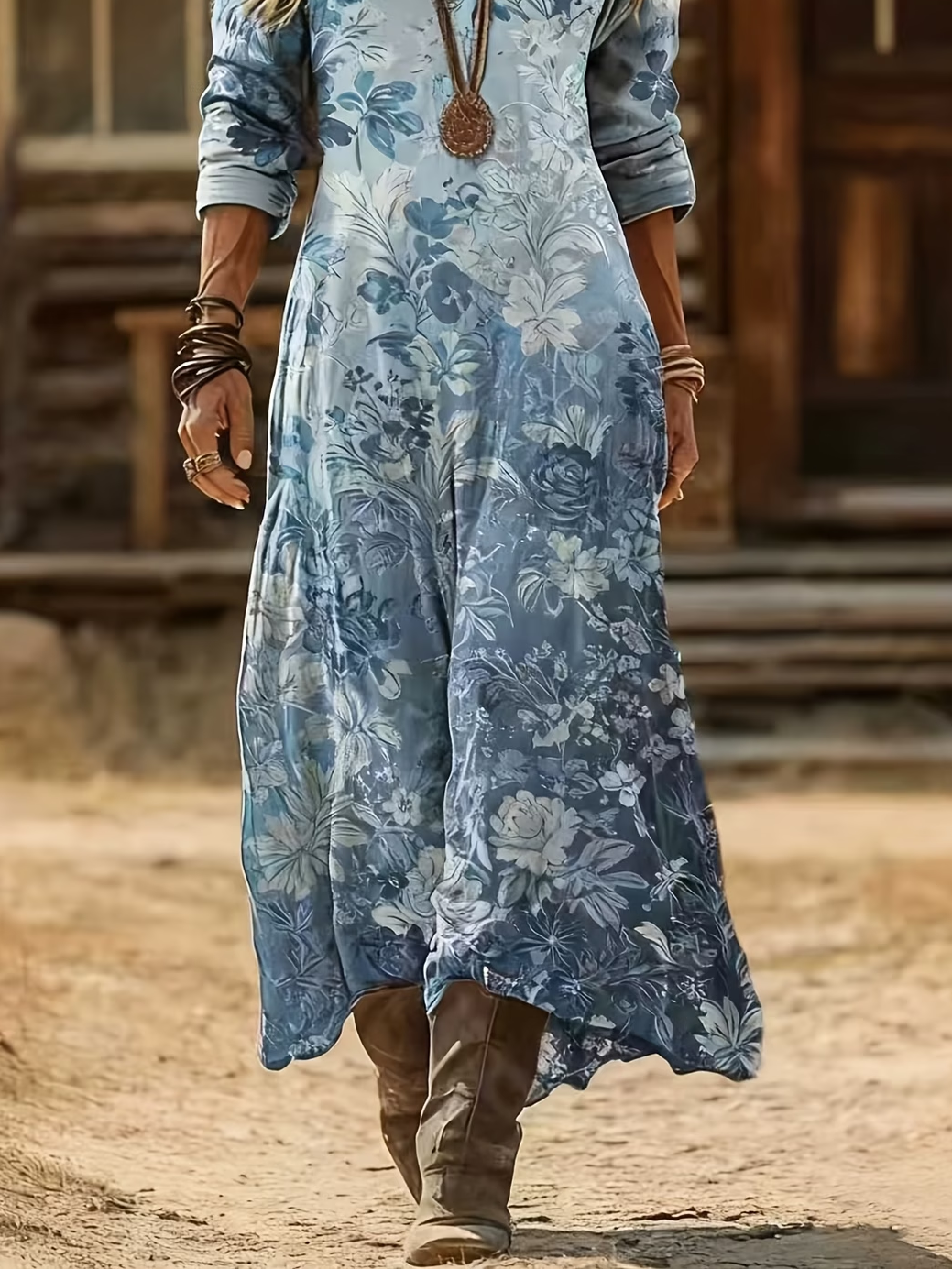Women's Long Sleeve Spring/Fall Blue Floral Printing V Neck Daily Going Out Vintage Maxi H-Line Dress