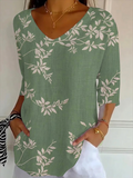Women's Three Quarter Sleeve T-shirt Spring/Fall Green Plants Printing V Neck Daily Going Out Casual Top