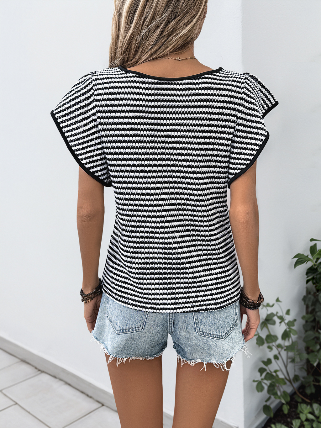 Striped Jersey Texture Fabric Summer Daily Going Out Casual T-Shirt