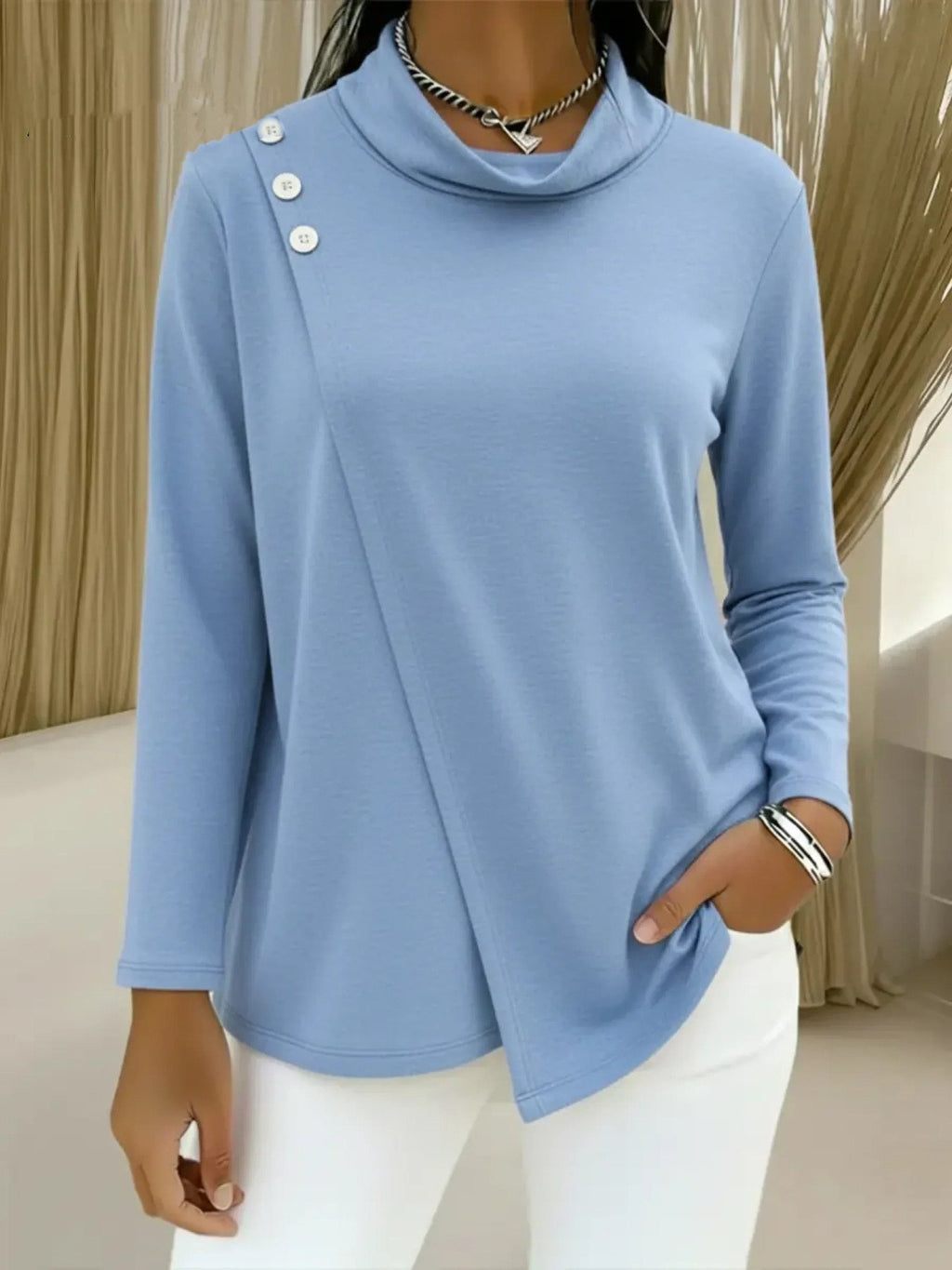Women's Long Sleeve T-shirt Spring/Fall Blue Plain Buckle Mock Neck Daily Going Out Casual Top