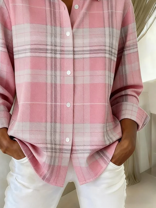Women's Long Sleeve Shirt Spring/Fall Pink Plaid Buckle Shirt Collar Regular Sleeve Daily Going Out Casual Top