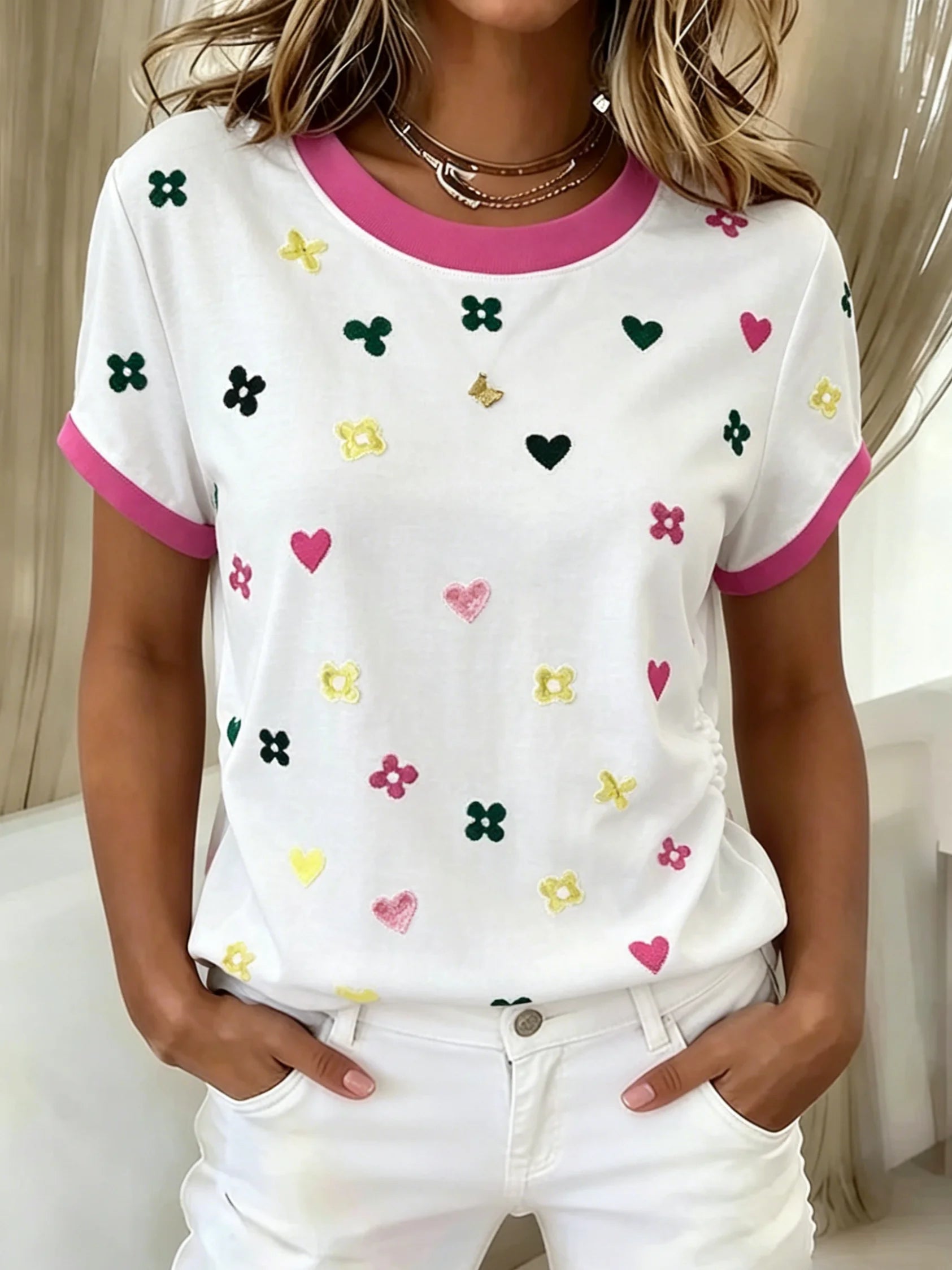 Crew Neck Cotton Casual Heart/Cordate T-Shirt
