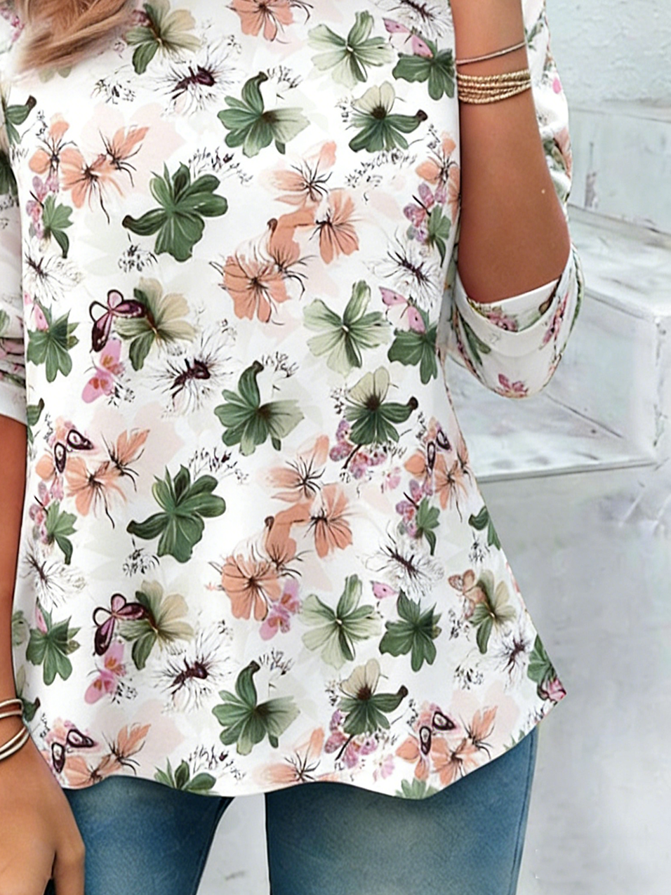 Cotton Floral Crew Neck Elegant T-Shirt