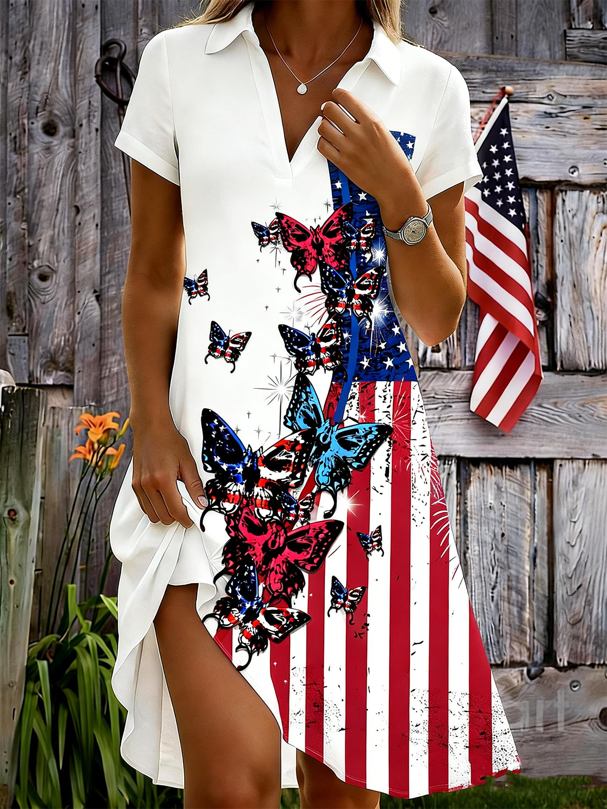 Shawl Collar Casual Independence Day Shirt Dress With No