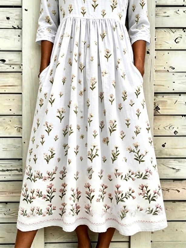 Women's Half Sleeve Summer White Floral Printing Crew Neck Daily Going Out Casual Maxi H-Line Dress