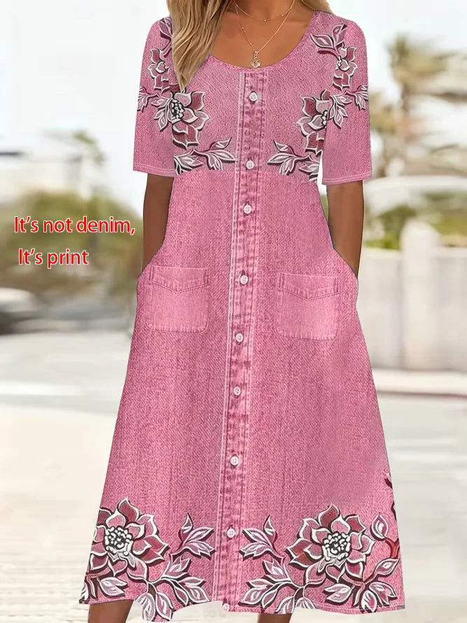 Women's Short Sleeve Summer Pink Floral Printing Crew Neck Daily Going Out Casual Maxi H-Line Shift Dress Dress