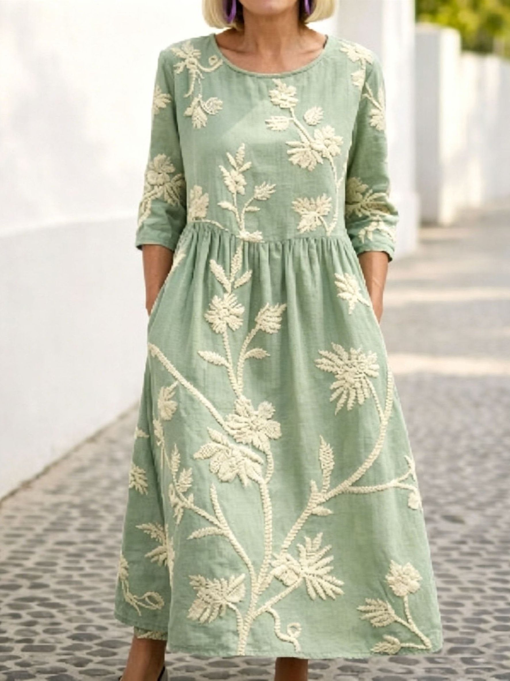 Women's As Picture 3D Printing Floral Printed Casual Crew Neck Cotton-Blend Casual Midi Dress