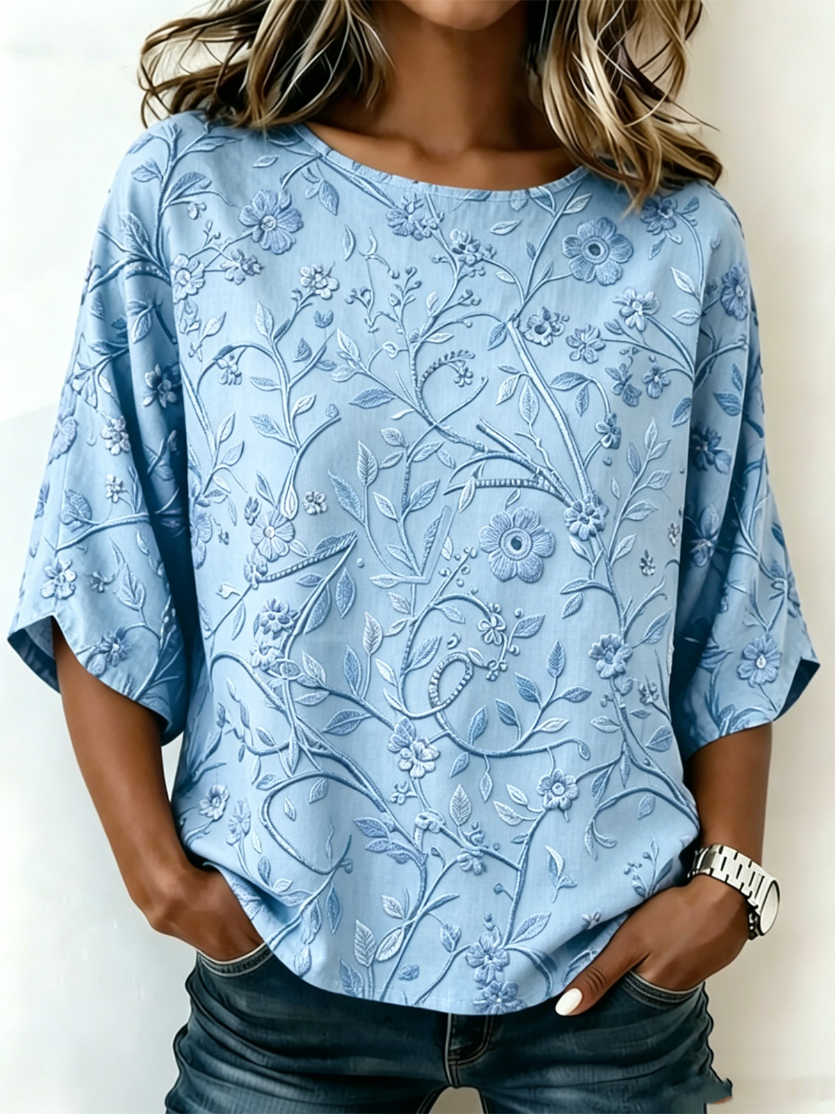 Women's Purple Floral Print Blouse Round Neck Short Sleeve Casual Top