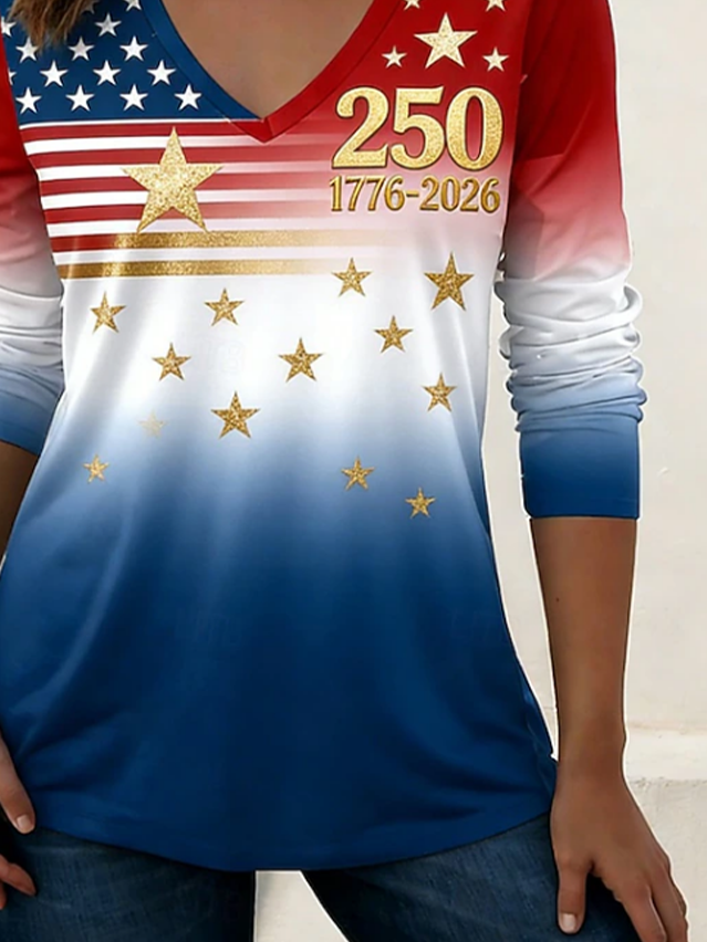 Women's USA 250th Anniversary Long Sleeve T-shirt Spring/Fall As Picture America Flag Printing V Neck Holiday Going Out Casual Top