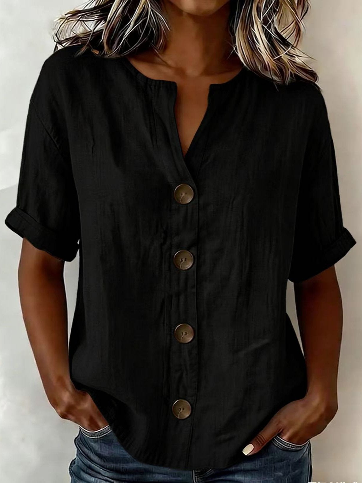 Women's Button-Down Shirt â€?3/4-Sleeve V-Neck Cotton-Linen Top | Stylish Buttoned Casual Shirt