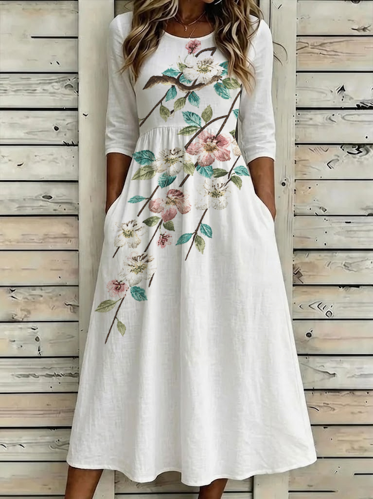 Women's Half Sleeve Summer White Floral Printing Crew Neck Daily Going Out Casual Maxi H-Line Dress