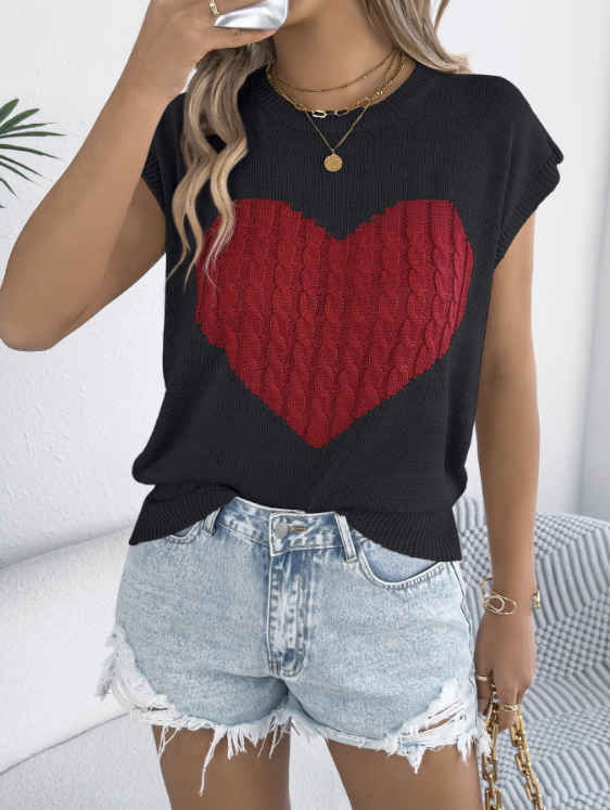 Knitted Heart Print Casual Regular Fit Batwing sleeve Crew Neck Valentine's Day Going Out Knit Top