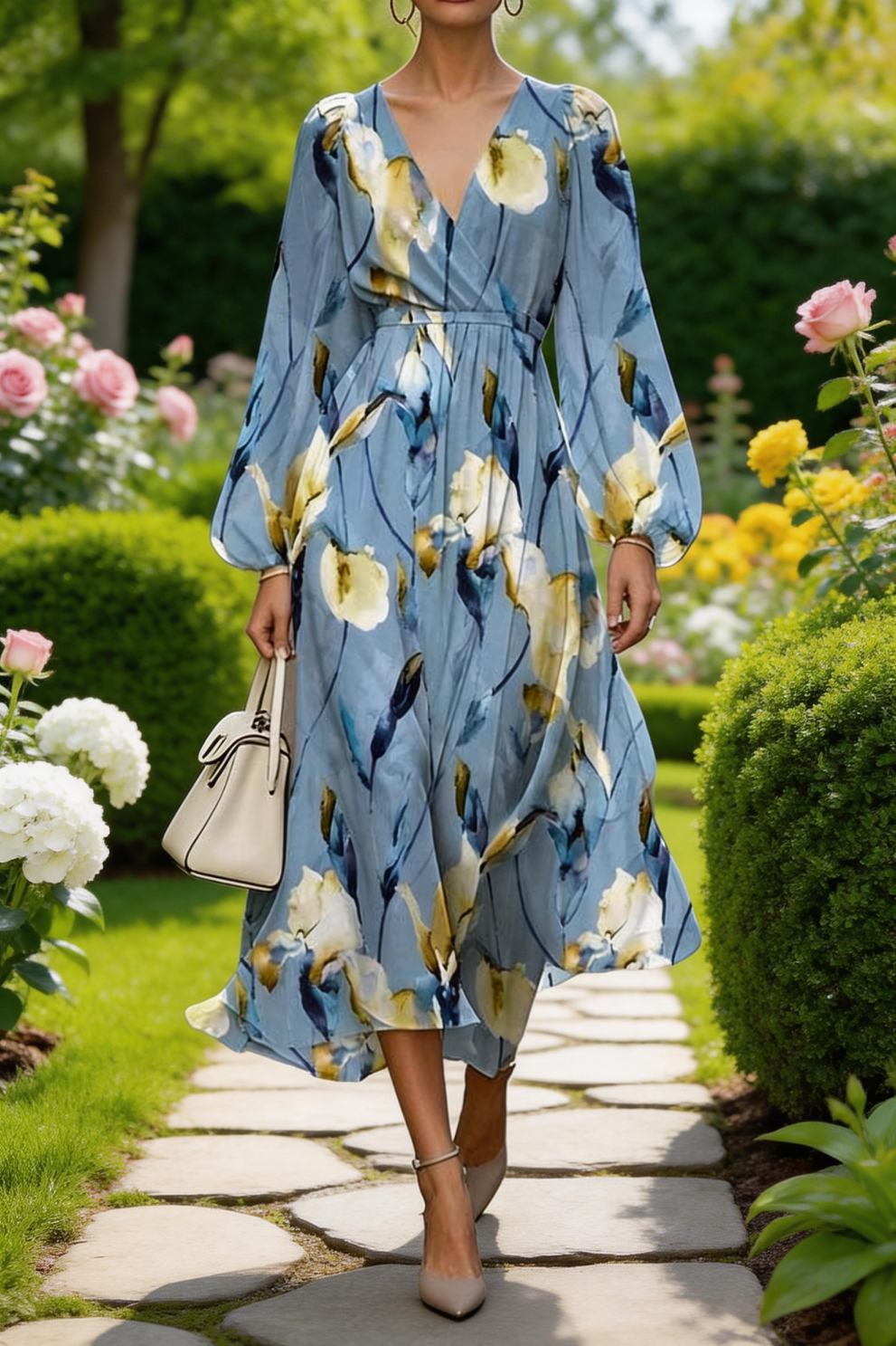 Balloon Sleeve Loose V Neck Floral Elegant Dress With No