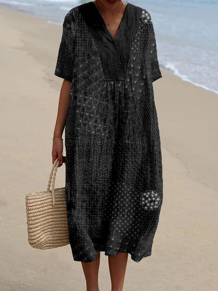 Japanese Traditional Sashiko Art Linen Blend Midi Dress
