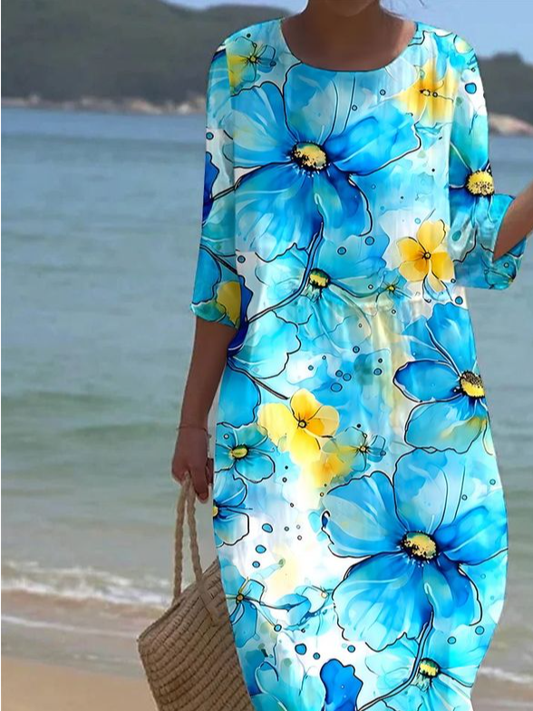 Printed Casual Mid Sleeve Round Neck Dress