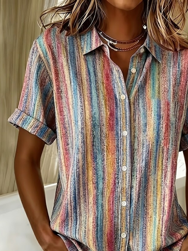 Women's Short Sleeve Shirt Summer As Picture Abstract Stripes Printing Shirt Collar Daily Going Out Casual Top