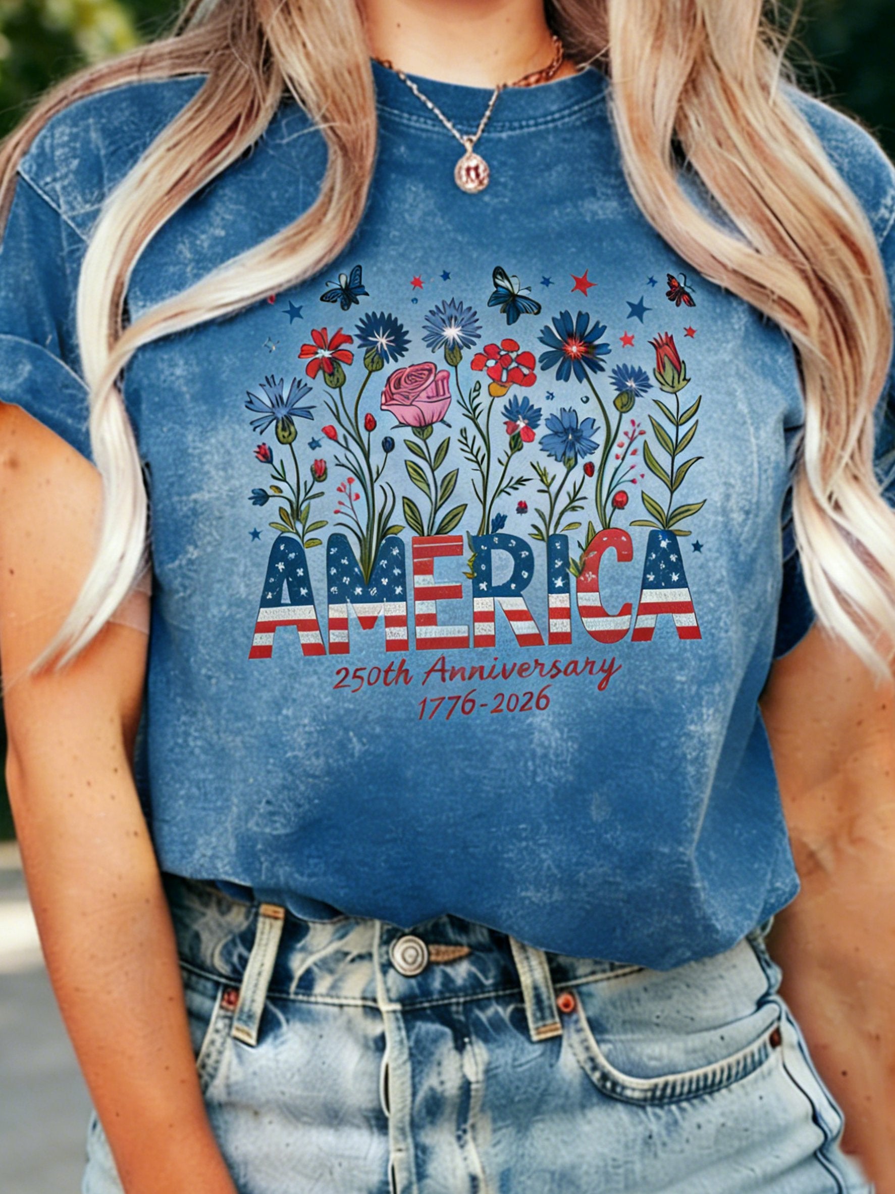 250th anniversary Independence Day Vintage Floral Printed Casual T-Shirt