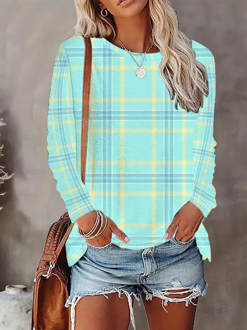 Women's Long Sleeve T-shirt Spring/Fall Green Plaid Printing Jersey Crew Neck Daily Going Out Casual Top