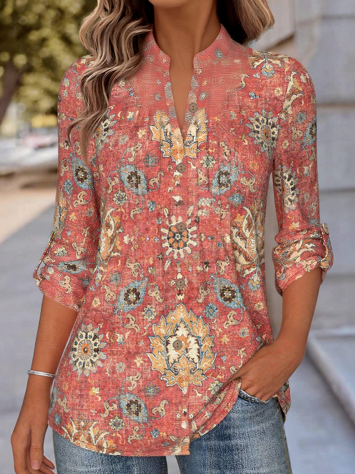 Women's Retro Ethnic Pattern Stand Collar Long Sleeve Shirt Regular Top