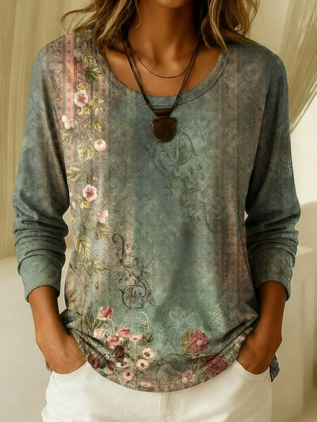 Women's Long Sleeve T-shirt Spring/Fall Green Floral Printing Jersey Crew Neck Daily Going Out Casual Top