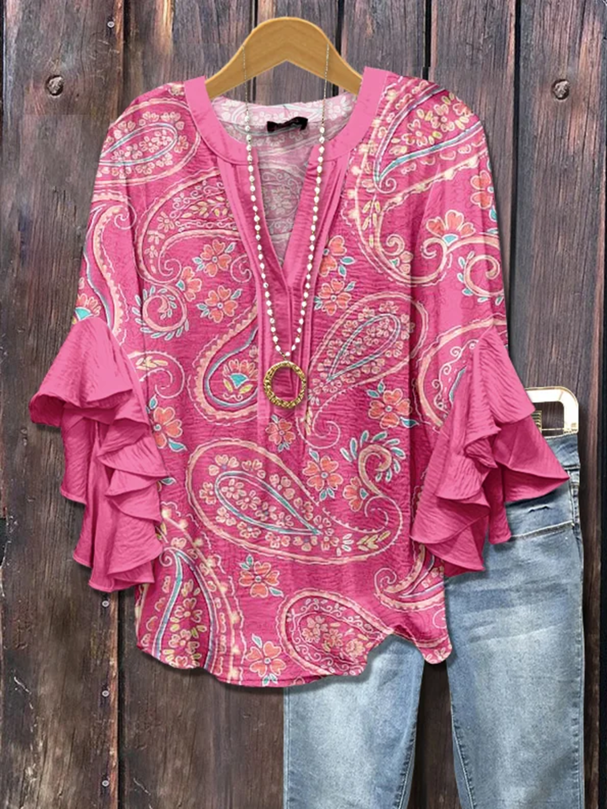 V Neck Vacation Cotton Blouse