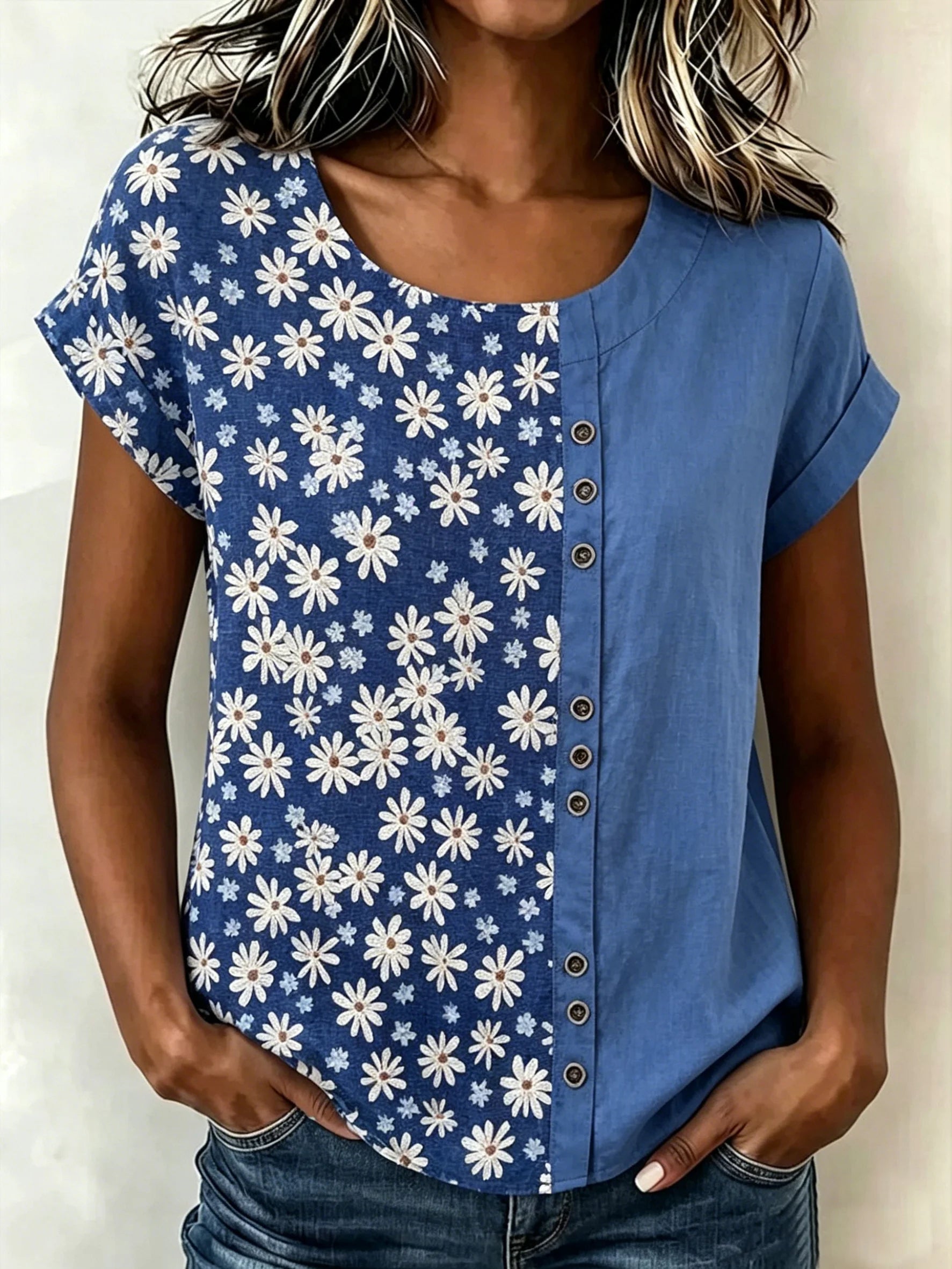 Daisy Floral Casual Linen Blend Crew Neck Loose Casual Top