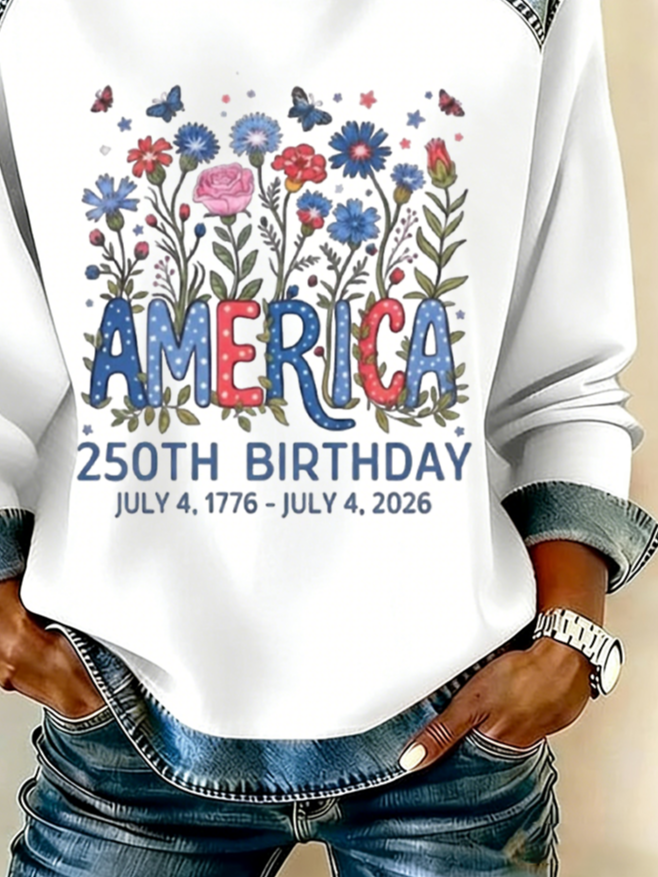 Women's USA Print Patchwork Denim Crewneck Long-Sleeved Sweatshirt
