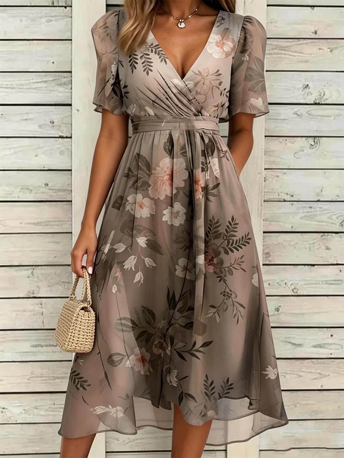 Regular Fit V Neck Floral Elegant Dress With No