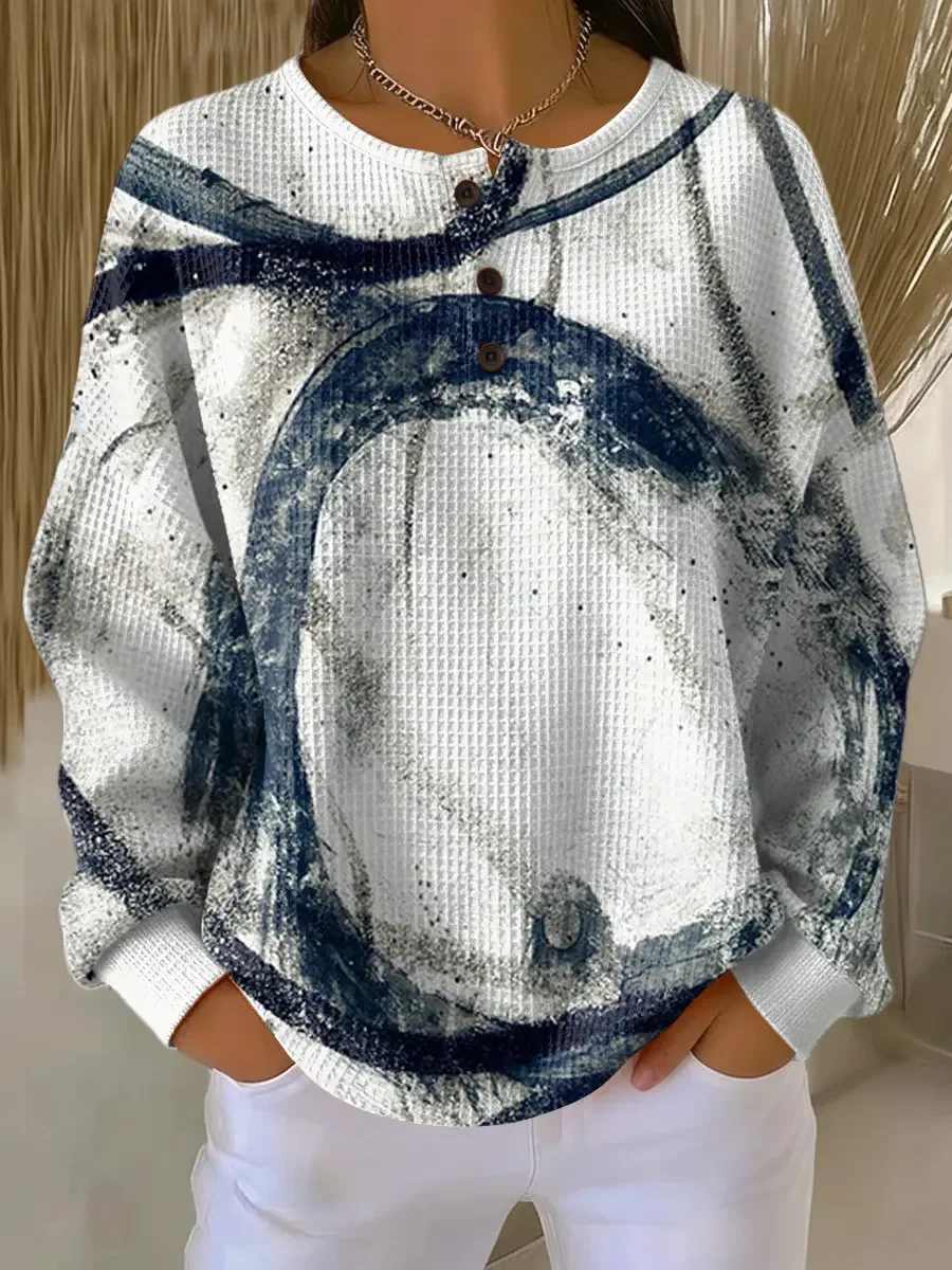 Women's Abstract Print Button-Up Casual Waffle Knit Sweatshirt