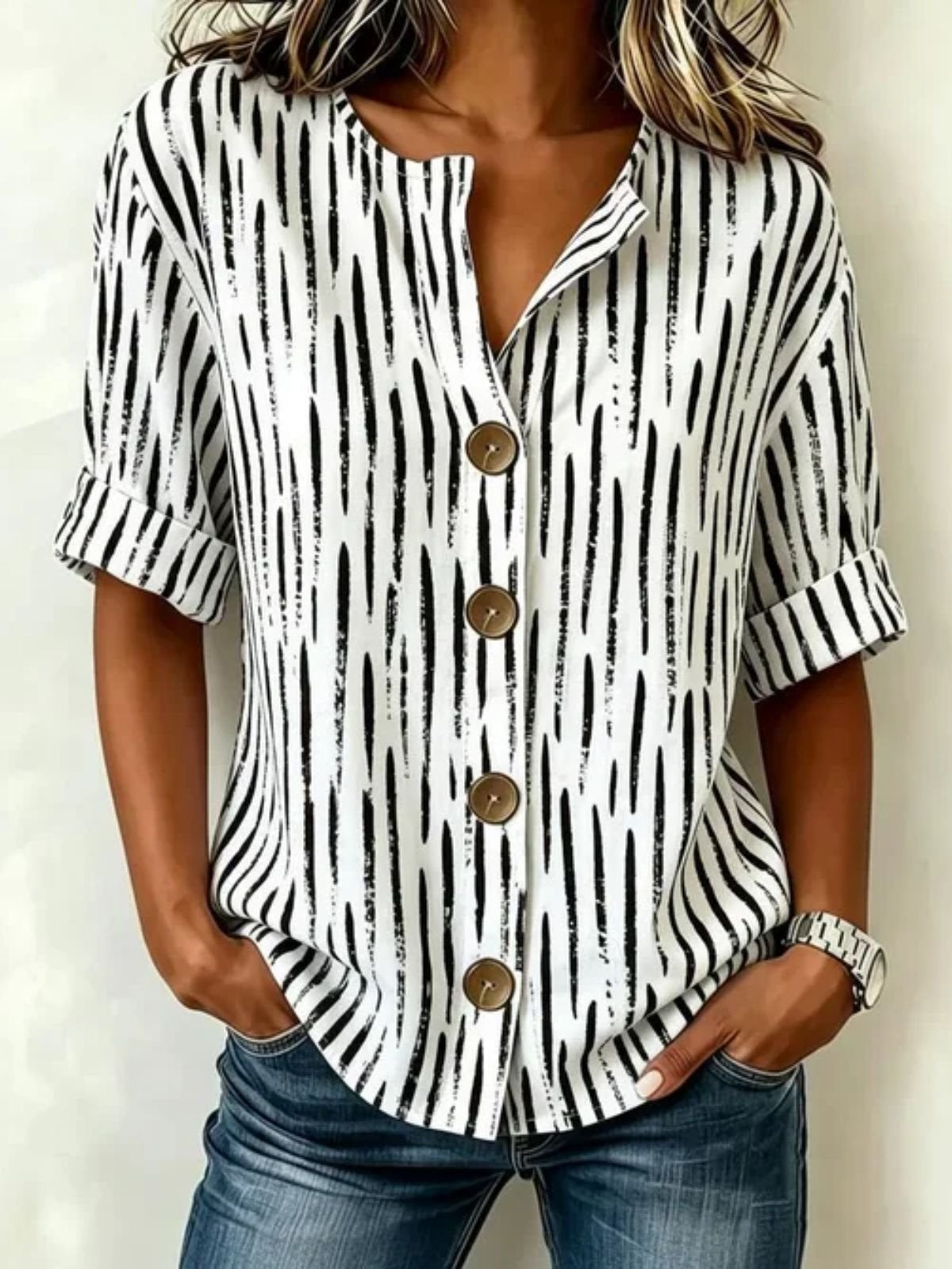 V Neck Regular Fit Geometric Vintage Blouse