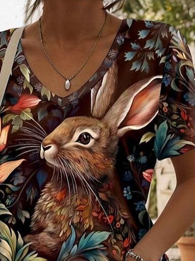 Women's Vintage Bunny Print Casual V Neck Cotton-Blend Easter T-Shirt