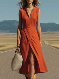 Cotton Blend Plain V Neck Button Sleeveless A-Line Summer Going Out Casual Dress