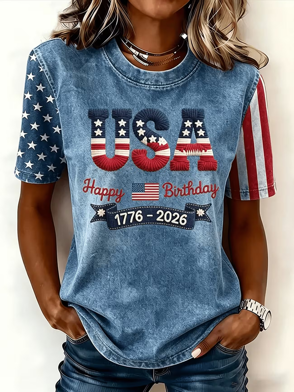Women's Short Sleeve T-shirt Summer Blue Independence Day (Flag) Printing Jersey Crew Neck Daily Going Out Casual Top