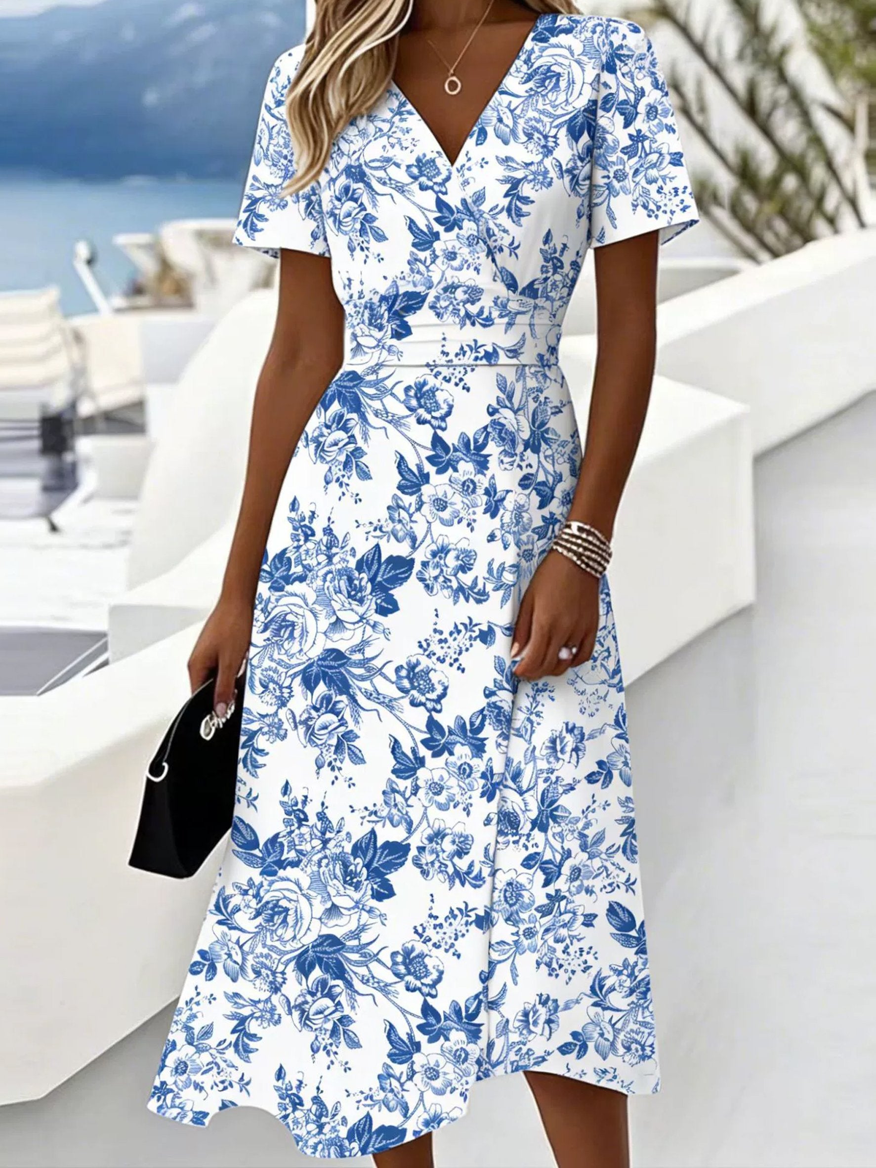 Blue Floral Short Sleeve V Neck Summer Going Out Casual Dress