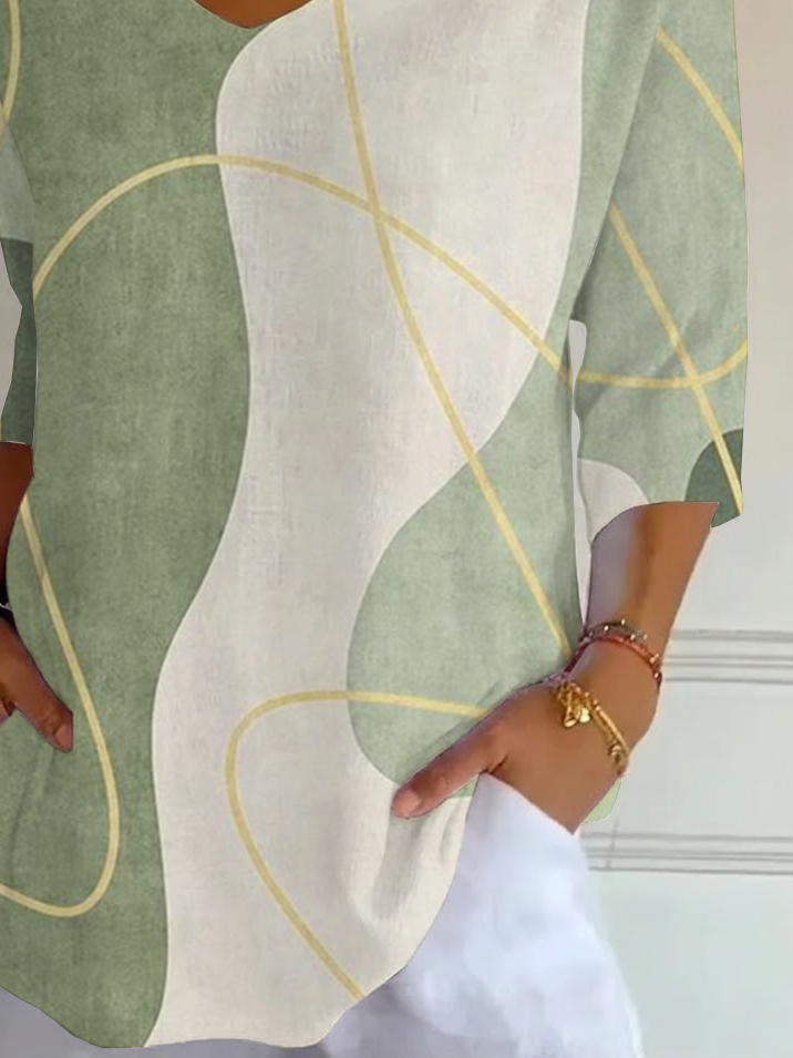 Women's Three Quarter Sleeve T-shirt Spring/Fall Green Abstract Printing V Neck Daily Going Out Casual Top