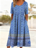 Women's Short Sleeve Summer Blue Floral Printing Crew Neck Daily Going Out Casual Maxi H-Line Shift Dress Dress