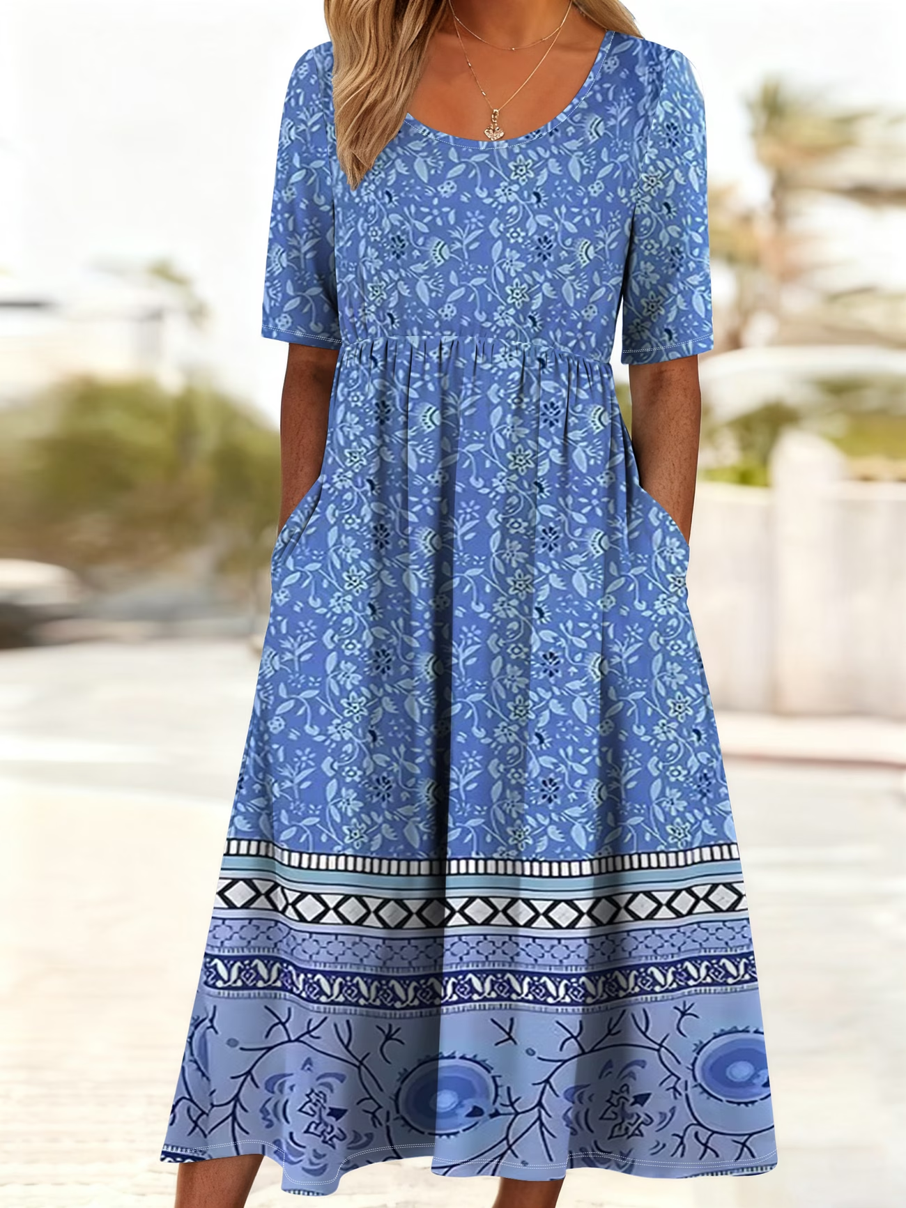 Women's Short Sleeve Summer Blue Floral Printing Crew Neck Daily Going Out Casual Maxi H-Line Shift Dress Dress