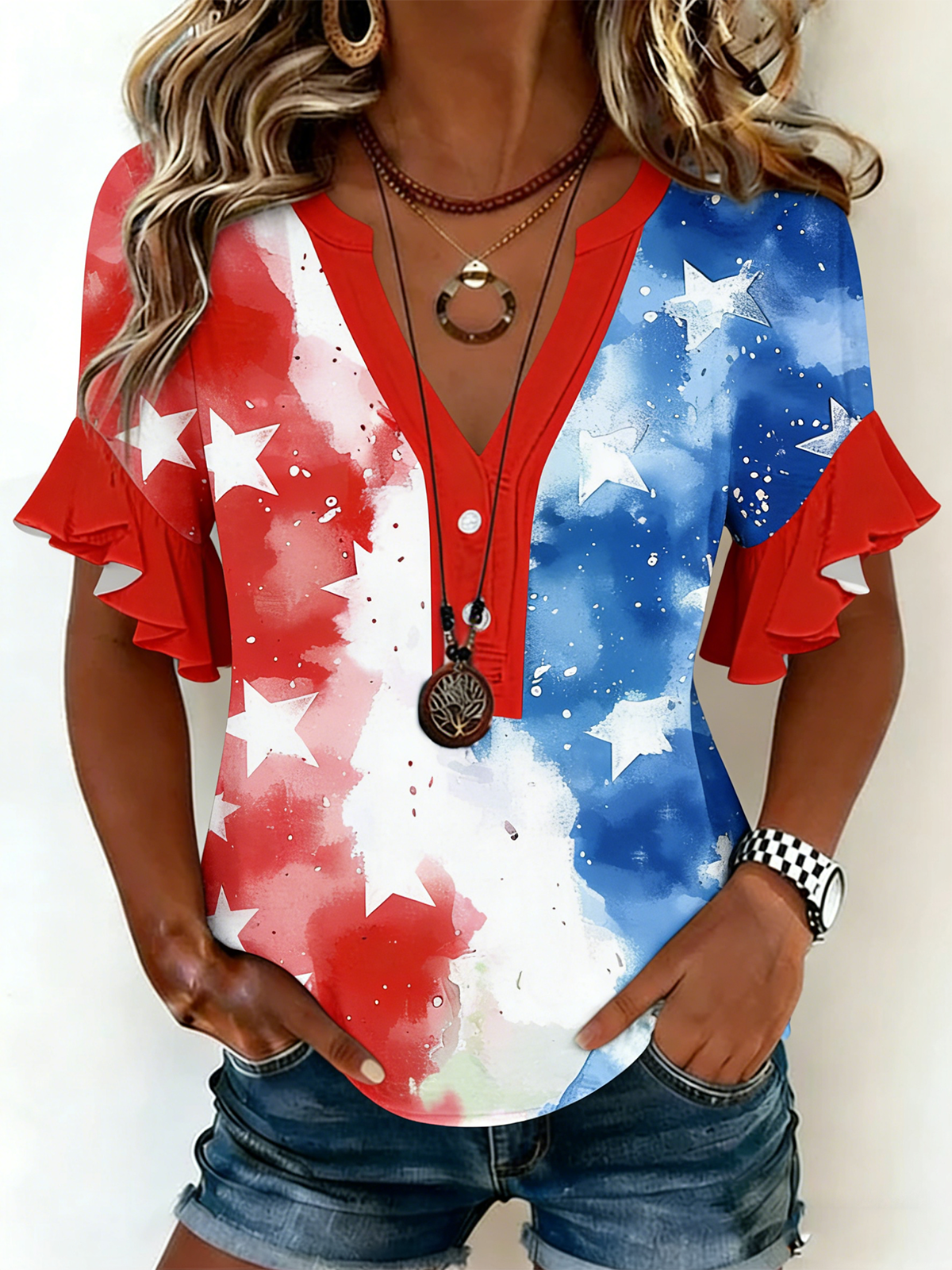 Women's V-Neck Multi-Layered Lace Design Shirt