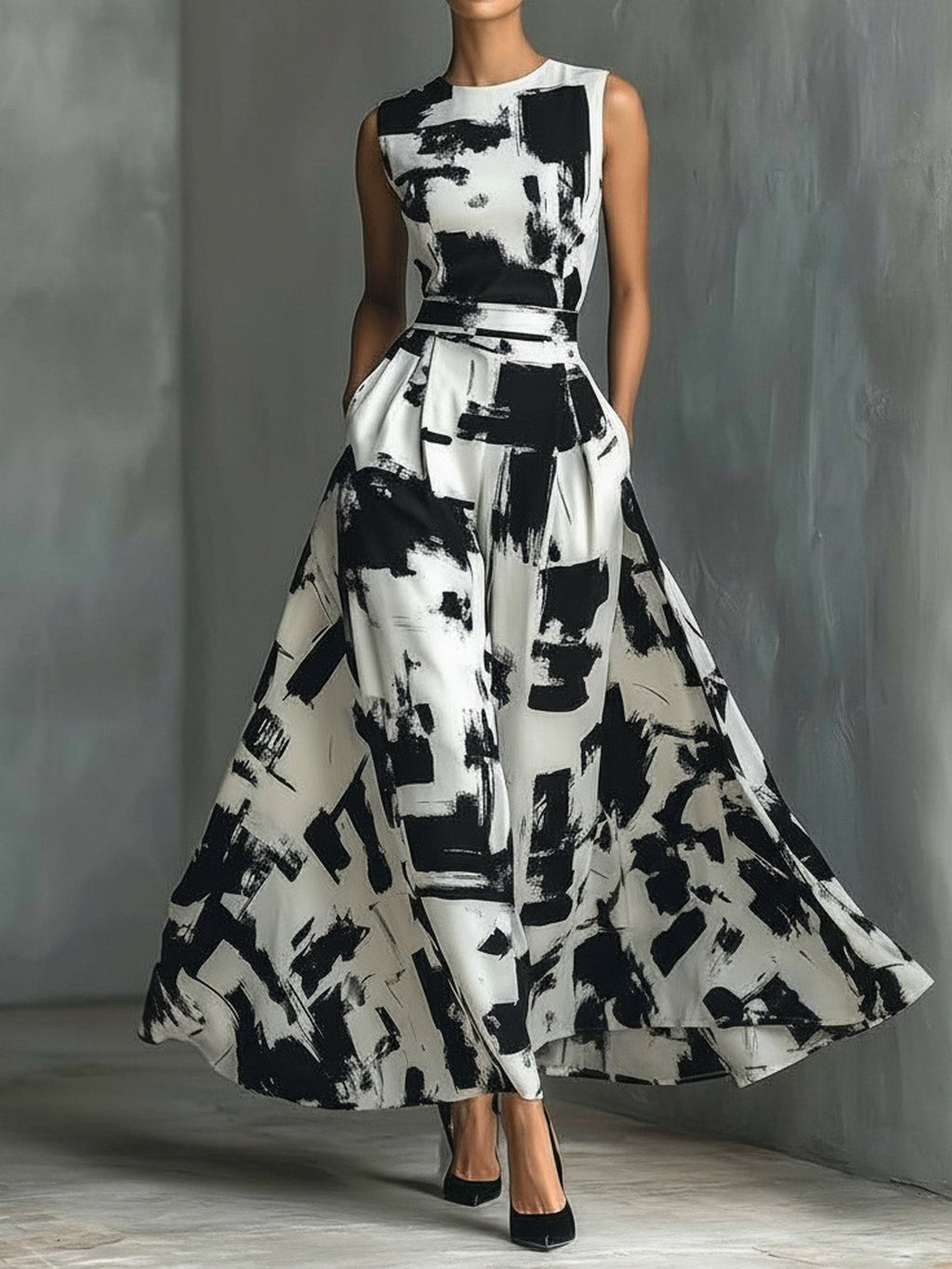 Abstract Printed Tight Round Neck Sleeveless Elegant Casual Maxi Dress