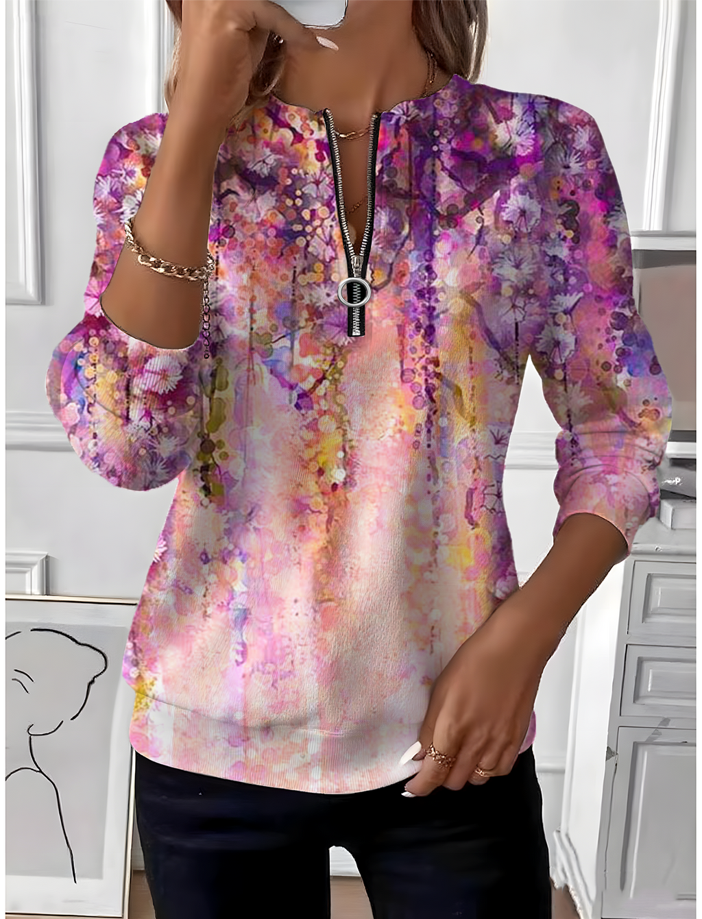 Loose Crew Neck Geometric Simple Sweatshirt