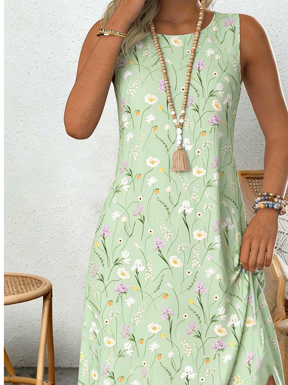 Cotton Loose Casual Crew Neck Dress With No